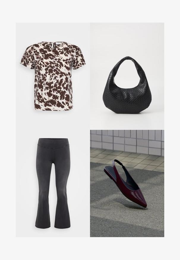 Kurzärmlige Bluse mit einem braun-weißen abstrakten Muster, das Kuhflecken ähnelt, mit einem runden Ausschnitt und lockerer Passform.; ONLY Carmakoma Flared fit CARROYAL Mid waist - Flared Jeans - washed black; Bordeauxfarbener Slingback-Flachschuh aus Lackleder mit spitzer Spitze, der über einem strukturierten Bürgersteig nahe einer gefliesten Wand schwebt.; Schwarze gewebte Handtasche mit einem gebogenen Griff, die eine strukturierte Oberfläche und eine lässige Form hat. Glatte Oberfläche mit einer organischen Silhouette.