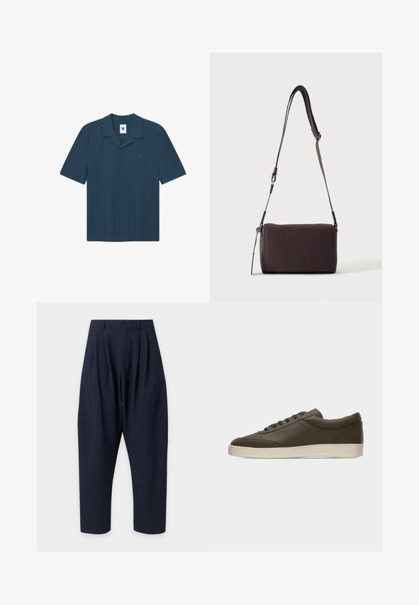 Chemise à manches courtes, bleu foncé, en tissu léger. Dotée d'un col plat, d'un logo sur la poitrine et d'une coupe droite.; Pantalon bleu marine taille haute avec plis, fermeture par bouton, passants de ceinture et jambes fuselées sur fond blanc uni.; Baskets basses en cuir marron foncé avec lacets sur le devant et semelle en caoutchouc couleur crème, vues de côté extérieur sur fond blanc.; Sac bandoulière en cuir marron foncé texturé avec une sangle réglable et un petit accent décoratif bleu sur le côté.