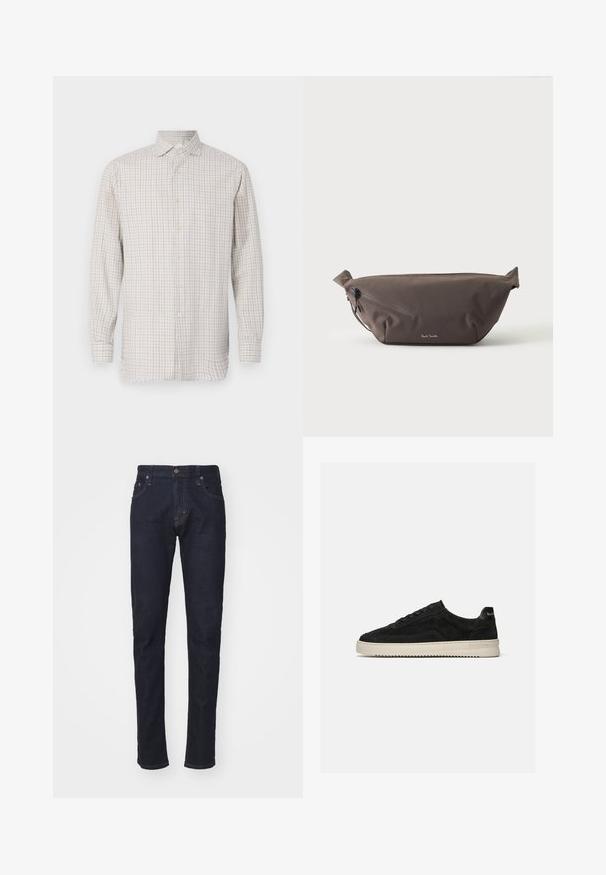 Langærmet skjorte i lys beige med mønster i tern. Har en spredt krave og knaplukninger, med knapper i guldfarve og en afslappet pasform.; Mørkeblå denimjeans med slim fit, fem-lomme design og knaplukning. Har kontrastsyninger og lige benform.; Sort ruskind lav-sneaker med sorte snørebånd og hvid gummisål, sidevisning på ensartet lys grå baggrund.; Mørkebrun stof talje taske med diagonalt lynlåslomme og lille hvidt logo på fronten, sat mod en ensfarvet lys baggrund.