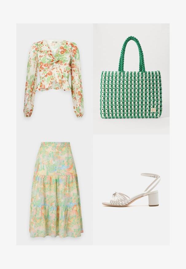 Diane von Furstenberg MARY - Chemisier - marlene batik ivory; Jupe légère à volants en couleurs pastel avec un motif de poisson et d'algues marines. Présente une taille ajustée et des couches froncées.; Sandale à talon bloc en crème avec design de bride torsadée, texture lisse, bride de cheville réglable et bout ouvert.; Sac fourre-tout tissé vert et blanc avec une forme rectangulaire structurée, une finition texturée et deux poignées solides. Présente une étiquette de logo sur le côté.