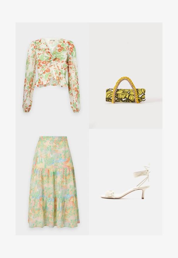 Diane von Furstenberg MARY - Chemisier - marlene batik ivory; Jupe légère à volants en couleurs pastel avec un motif de poisson et d'algues marines. Présente une taille ajustée et des couches froncées.; Sandale à talon bas de couleur crème avec des liens à nouer autour de la cheville et une large bride torsadée sur les orteils, sur un fond blanc uni.; Sac rectangulaire avec motif floral jaune et noir et anse tressée jaune et rose sur fond blanc.