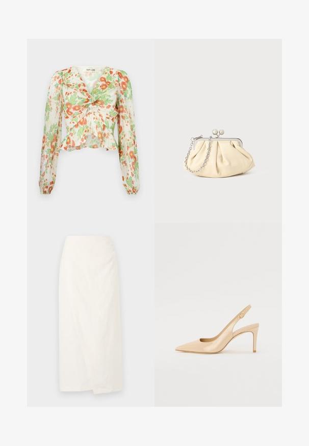Diane von Furstenberg MARY - Skjortebluser - marlene batik ivory; Hvid knælang nederdel lavet af letvægtsstof, med en omslagsdesign og blød, tekstureret overflade. Enkle, rene linjer uden pynt.; Nude patenteret læder slingback hæl med spidse tæer, åben vamp og en tynd stiletto hæl. Har et cirkulært guldfarvet element på remmen.; Plisseret beige læderclutch med en sølvmetalramme, der har to runde dekorative låse og en sølvkædetrasporte.