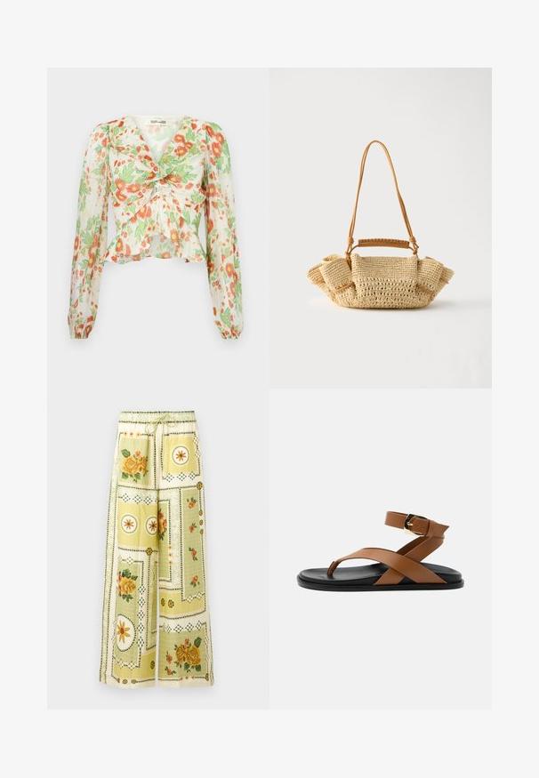 Diane von Furstenberg MARY - Chemisier - marlene batik ivory; Pantalon à jambes larges avec motifs patchwork floraux et géométriques jaune clair, ceinturé d'une bande élastique et d'un cordon de serrage.; Sandale plate avec semelle noire, boucle d’orteil en cuir marron, brides croisées, bride à la cheville et boucle dorée sur fond neutre.; Sac à main beige tressé avec une longue lanière fine et des côtés froncés, avec une petite poignée enveloppée de cuir pour différentes options de port.