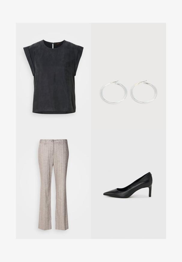 Top negro de manga corta con escote redondo y diseño minimalista. Textura suave con un brillo sutil, que cuenta con un cierre de ojal en la parte posterior.; Pantalones de traje beige a rayas con botones frontales, trabillas y perneras ligeramente acampanadas sobre un fondo blanco liso.; Zapato de salón negro de piel con punta afilada y tacón delgado de altura media sobre un fondo liso de color gris claro.; Pareja de pendientes de aro plateados brillantes con cierres de alambre delgado, mostrados sobre un fondo gris claro.