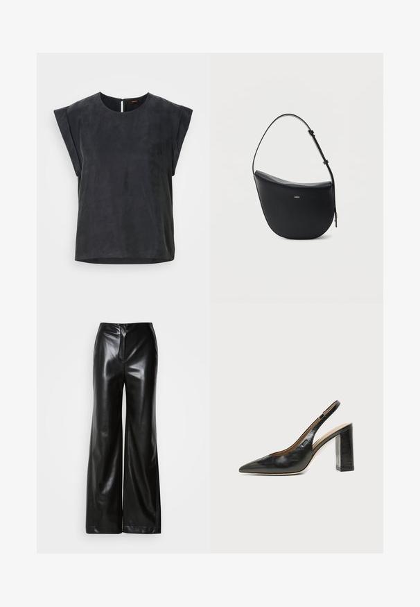 Top negro de manga corta con escote redondo y diseño minimalista. Textura suave con un brillo sutil, que cuenta con un cierre de ojal en la parte posterior.; Pantalones de piel negros de pierna ancha con textura suave, cintura alta y cierre frontal oculto. Ajuste entallado con un acabado limpio.; Zapato slingback de piel negra con puntera puntiaguda, tacón alto y ancho, y forro interior beige sobre un fondo claro y liso.; Bolso de hombro de cuero negro en forma de media luna, con correa ajustable y logo dorado "BOSS" centrado en el frente.