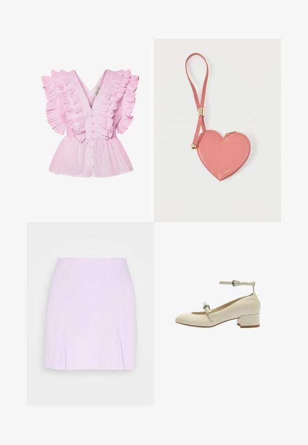 Lyserød bluse med flæsekantede ærmer og V-udskæring. Den har knaplukning foran og en tætsiddende bodice, der udvides til en peplum-stil.; Even&Odd by Zalando Mini skirts - lilac; Hvide læder sko med blokhæle, rund tå, ankelrem og dekorativ spænde. Glat tekstur og enkelt design.; Lyserød hjerteformet lædermøntpose med håndledsrem og guldlås, mærket med lille gyldent "Furla"-tekst.