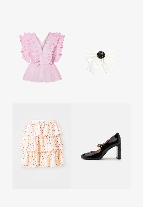 Blouse rose clair avec des manches volantes et un décolleté en V. Elle possède une fermeture à boutons à l'avant et un buste ajusté qui s'évase en style peplum.; Jupe à volants en tissu crème clair avec des pois rouges. Elle présente trois couches de volants au bas et une taille élastique.; Chaussure Mary Jane à talon haut en cuir verni noir avec un bout arrondi et une petite sangle à boucle sur le coup de pied sur fond blanc.; Nœud en tissu blanc avec un centre rosette noir décoré de petites perles argentées sur un fond blanc uni.