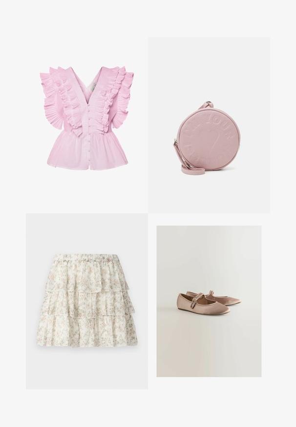 Lyserød bluse med flæsekantede ærmer og V-udskæring. Den har knaplukning foran og en tætsiddende bodice, der udvides til en peplum-stil.; Hvid nederdel med et lagdelt, bølget design. Udstyret med et delikat blomster mønster i pink og grøn. Elastisk talje for komfort.; Ballett-flats i blød rosa satin, med en rundt tå, en tynd rem med en dekorativ spænde og en flad gummisål.; Rund, lyserød lædertaske med præget tekst og hjerte-design, der har en aftagelig skulderrem og en glat overflade.