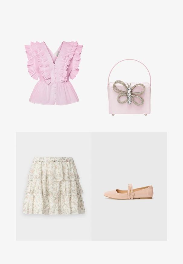 Lyserød bluse med flæsekantede ærmer og V-udskæring. Den har knaplukning foran og en tætsiddende bodice, der udvides til en peplum-stil.; Hvid nederdel med et lagdelt, bølget design. Udstyret med et delikat blomster mønster i pink og grøn. Elastisk talje for komfort.; Sart rosa patentlæder balletflade med spids tå, der har to justerbare remme og en lav, flad gummisål.; Lyserød satin håndtaske med en sommerfugleformet udsmykning, der har sølvmetallic accenter og rhinsten, samt et slankt håndtag.