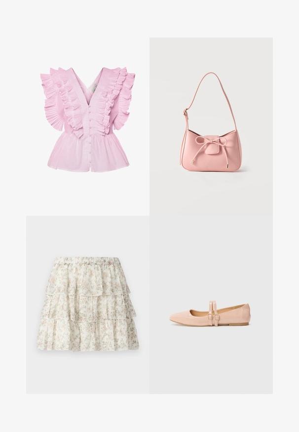 Lyserød bluse med flæsekantede ærmer og V-udskæring. Den har knaplukning foran og en tætsiddende bodice, der udvides til en peplum-stil.; Hvid nederdel med et lagdelt, bølget design. Udstyret med et delikat blomster mønster i pink og grøn. Elastisk talje for komfort.; Sart rosa patentlæder balletflade med spids tå, der har to justerbare remme og en lav, flad gummisål.; Lille skuldertaske i pastel lyserød med justerbar strop og frontsløjfe med guldspidsdetaljer på ensfarvet baggrund.