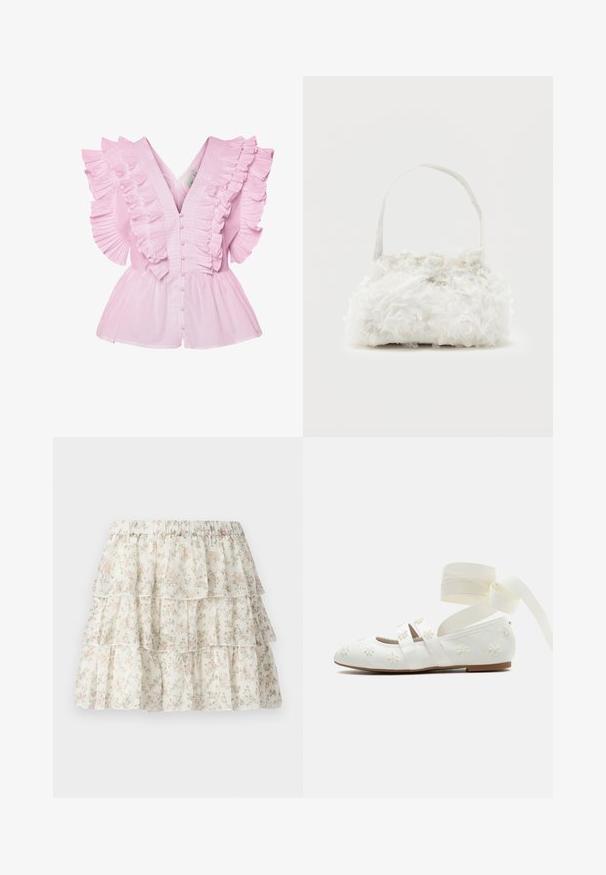 Blouse rose clair avec des manches volantes et un décolleté en V. Elle possède une fermeture à boutons à l'avant et un buste ajusté qui s'évase en style peplum.; Jupe blanche avec un design en couches et volants. Présente un motif floral délicat en rose et vert. Taille élastique pour plus de confort.; Ballerine blanche avec broderies de fleurs, double brides sur le pied, et longs liens de ruban autour de la cheville sur un fond uni.; Petit sac à main blanc orné de roses en tissu recouvrant le corps et d'une fine anse unique, sur un fond uni.