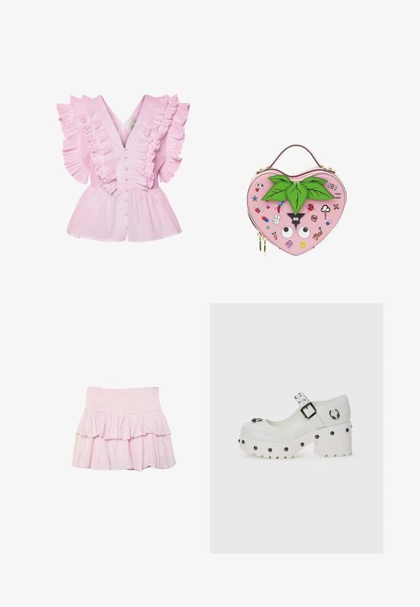 Lyserød bluse med flæsekantede ærmer og V-udskæring. Den har knaplukning foran og en tætsiddende bodice, der udvides til en peplum-stil.; Lyserød lagdelt nederdel med bred, smocket taljebånd og flæselag, velegnet til hverdag.; Hvide platform sko med en rund tå, spænde og cirkulære nitter. Tekstureret sål med en let hæl og dekorativ hardware detalje.; Håndtaske formet som et hjerte i pink med grønne blade på toppen og forskellige farverige tegneserie-patches inklusive øjne, en mariehøne og emojis.