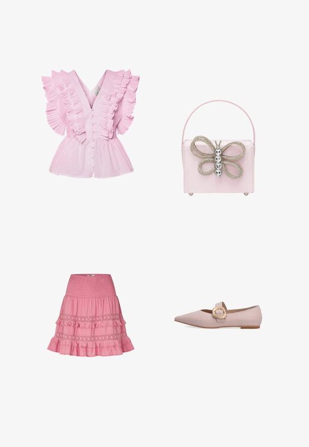 Lyserød bluse med flæsekantede ærmer og V-udskæring. Den har knaplukning foran og en tætsiddende bodice, der udvides til en peplum-stil.; Pink lagdelt nederdel med smocket taljebånd, pyntet med blonder og frynsete lag, lavet af let bomuldsstof.; Lyserød spids flad sko med en stor guldbeslået rem og en lav tanfarvet sål.; Lyserød satin håndtaske med en sommerfugleformet udsmykning, der har sølvmetallic accenter og rhinsten, samt et slankt håndtag.