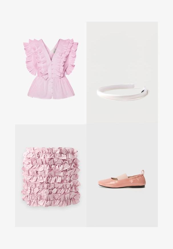 Lyserød bluse med flæsekantede ærmer og V-udskæring. Den har knaplukning foran og en tætsiddende bodice, der udvides til en peplum-stil.; Lyserød rynket stof med flere lag af blød, satinlignende tekstur og samlede kanter. Rektangulær form med en rig, jævn farve.; Lyserøde syntetiske flade sko med en skinnende overflade, firkantet tå og et blødt elastikbånd hen over vristen. Sort gummisål og bageste trækflap.; Hvid polstret satin hovedbånd med små rhinestone accenter i den ene ende, sat mod en ensfarvet lys baggrund.
