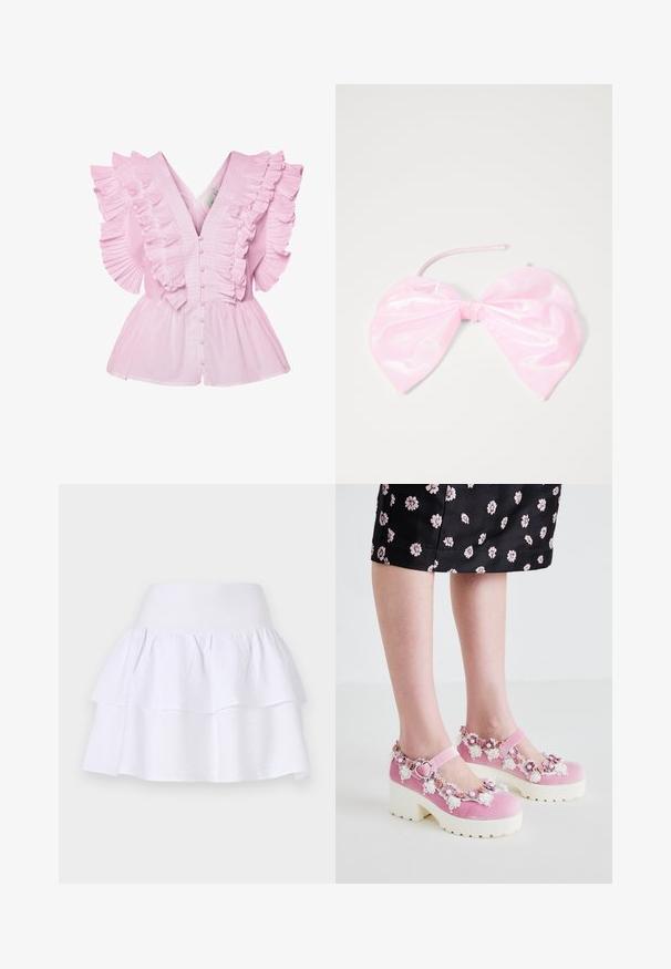 Blouse rose clair avec des manches volantes et un décolleté en V. Elle possède une fermeture à boutons à l'avant et un buste ajusté qui s'évase en style peplum.; Jupe blanche à volants en tissu léger, avec un design ample, dotée d'une taille élastique et de deux couches froncées.; Des chaussures Mary Jane en velours rose avec des semelles plates blanches, ornées d'appliqués floraux et de détails en dentelle autour de l'ouverture et de la bride à la cheville.; Accessoire capillaire rose et brillant en forme de grand nœud, avec une texture lisse et une fine sangle pour le maintenir en place.