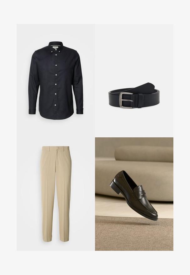 Scotch & Soda CORE OXFORD SOLID - Chemise - black; Pantalon beige à jambes droites, confectionné dans un tissu lisse, avec un devant plat et sans poches ni ornements visibles.; Mocassin en cuir noir flottant au-dessus d'un tapis beige avec un canapé beige en arrière-plan, mettant en valeur le design classique pour hommes sans lacets.; Ceinture en cuir noir avec une boucle en métal argenté, présentant une finition lisse et un design classique. La ceinture est enroulée avec l'extrémité pointée.