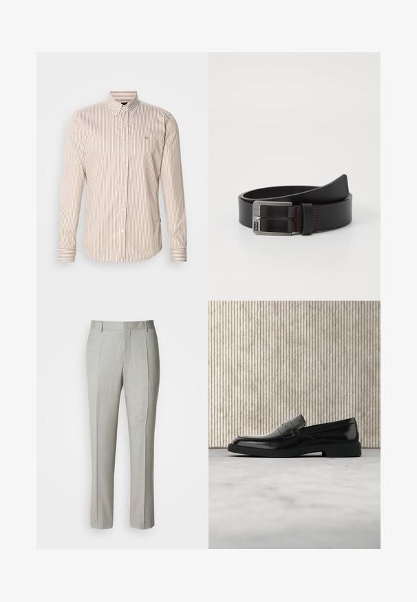 Chemise à boutons rayée beige et marron clair. Manches longues, col classique, boutons sur le devant, et petit logo sur la poitrine. Tissu en coton.; Pantalon tailleur gris clair en tissu lisse, présentant une coupe droite, des plis à l'avant, et une ceinture classique avec passants pour ceinture.; Mocassin en cuir noir poli flottant au-dessus d'un tapis beige avec un mobilier translucide orange en arrière-plan.; Ceinture en cuir noir avec une boucle en métal argenté et des accents de surpiqûres rouges, présentant une texture lisse et mate ainsi qu'un design classique.