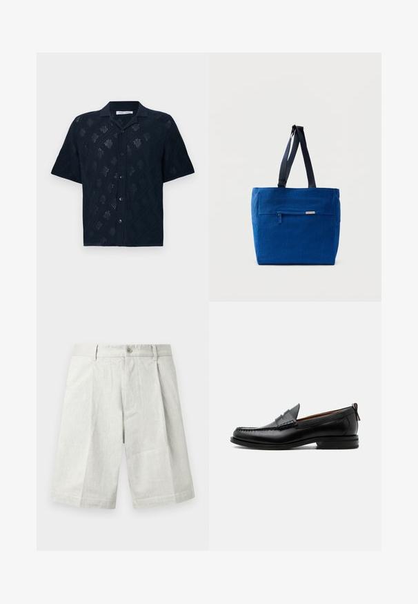 Sort kortærmet skjorte med knapper og åbent diamantmønster samt klassisk krave, vist på hvid baggrund.; Lysegrå shorts lavet af tekstureret stof med knaplukning, plisseringer og lige snit, velegnet til afslappet brug.; Sort læder herre loafer med moc-tå syning, penny strop, struktureret krave og lav stablet hæl på hvid baggrund.; Blå lærredstaske med lynlåslomme foran, dobbelte skulderremme og rektangulær form. Har en diskret mærkeetiket.