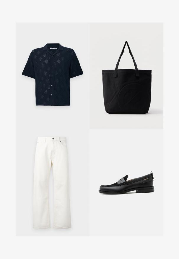 Sort kortærmet skjorte med knapper og åbent diamantmønster samt klassisk krave, vist på hvid baggrund.; Hvide flared jeans lavet af denim, med en standard talje, forlommer og knaplukning. Struktureret stof med en ren finish.; Sort læderloafer med grå remdetalje, lav hæl og tekstureret sål, mærket med "HUGO" i guld på siden.; Sort canvas-tote-taske med to skulderstropper og et diskret præget cirkeldesign på fronten.