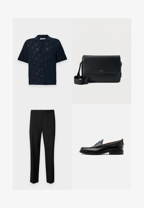 Chemise noire à manches courtes avec boutons, motif losange en maille ajourée et col classique, présentée sur fond blanc.; Pantalons noirs ajustés avec une coupe plate, taille standard et jambes droites. Fabriqués en tissu lisse, dotés d'une fermeture à un bouton.; Mocassin homme en cuir noir avec couture moc toe, bride penny, col texturé et petit talon empilé sur fond blanc.; Sac messager en cuir noir à surface texturée, avec une bandoulière ajustable et un rabat avant affichant un logo discret. Forme compacte et rectangulaire.