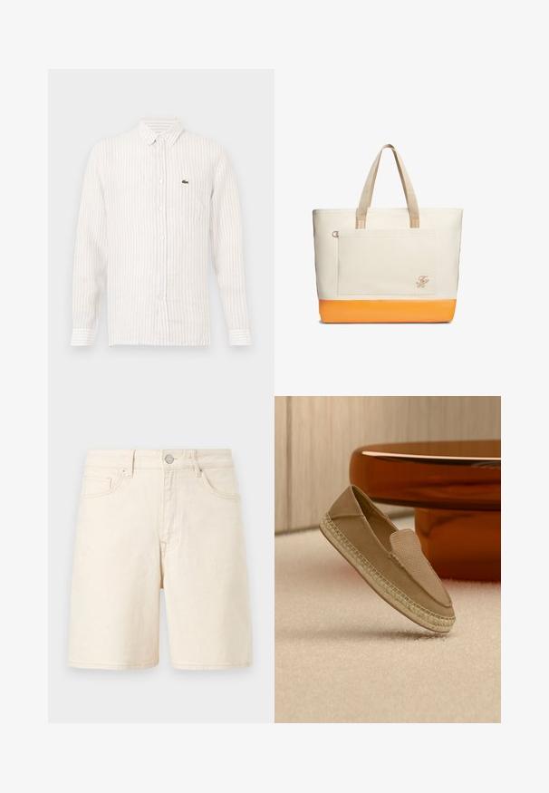 Chemise à rayures claires avec des manches longues, col boutonné et un petit logo vert sur la poche gauche de la poitrine. En coton.; Shorts en denim beige avec poches avant, passants pour ceinture, bouton métallique et braguette zippée sur un fond clair uni.; Chaussure beige sans lacets avec tige texturée et semelle tissée, positionnée debout sur un sol recouvert de moquette claire à côté d'une table circulaire marron brillante.; Grand sac fourre-tout en toile beige avec fond orange, poignées beiges, poche avant, et petites initiales brodées dans le coin de la poche.