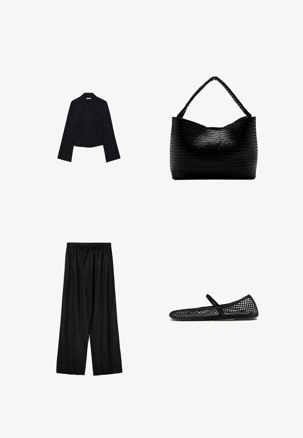 Chemisier noir court avec de longues manches, col à revers et fermeture à boutons. Fabriqué en tissu doux, il présente une coupe ajustée et un design minimaliste.; Pantalon ample noir à taille élastique avec cordon de serrage devant, fabriqué en tissu léger.; Chaussure plate en maille noire avec une semelle basse et une fine lanière unique sur le dessus, conçue pour un usage décontracté.; Sac à main tissé noir avec une anse unique tressée, forme rectangulaire et surface texturée brillante.