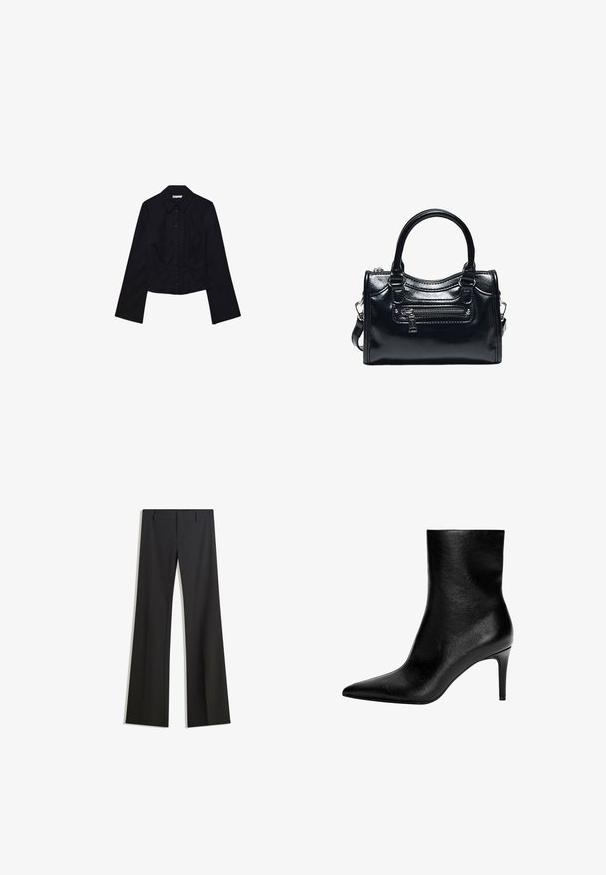 Chemisier noir court avec de longues manches, col à revers et fermeture à boutons. Fabriqué en tissu doux, il présente une coupe ajustée et un design minimaliste.; Pantalon noir évasé avec une texture lisse, doté d'une coupe ajustée et d'une taille cintrée. Aucun motif ou ornement visible.; Bottine noire en cuir avec une silhouette élégante, un bout pointu et un talon haut en stilettos. Texture lisse, design minimaliste sans quincaillerie visible.; Sac à main en cuir noir brillant avec deux poignées, poche avant zippée et bandoulière amovible sur fond blanc.