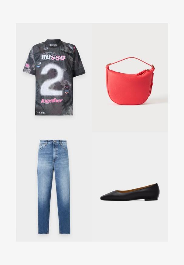Kurzarmpullover in Schwarz mit grafischen Mustern, versehen mit einer "2" in weißen Punkten, pinken Akzenten und mehreren Logos in verschiedenen Farben.; Hoch taillierte blaue Jeans aus Denim mit verwaschenem Look, vorne mit Knopf- und Reißverschluss und klassischem Fünf-Taschen-Design.; Schwarzer flacher Schuh aus Leder mit spitz zulaufender Vorderkappe, niedrigem Absatz und glatter Oberfläche, von der Seite vor einem hellgrauen Hintergrund dargestellt.; Helle rote, strukturierte Lederhandtasche mit geschwungener Form, Reißverschluss oben und kurzem Griff. Mit goldenen Hardware-Akzenten ausgestattet.