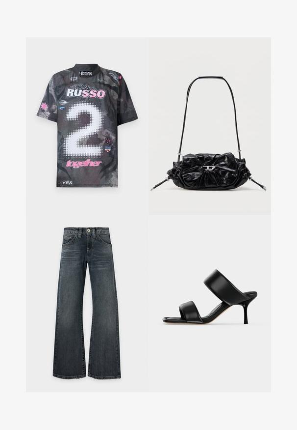 Kurzarmpullover in Schwarz mit grafischen Mustern, versehen mit einer "2" in weißen Punkten, pinken Akzenten und mehreren Logos in verschiedenen Farben.; Dunkel gewaschene Jeans mit weitem Bein, leichter Ausbleichung an den Oberschenkeln, klassischem Fünf-Taschen-Design und sichtbaren Nähten, flach auf weißem Hintergrund ausgebreitet.; Schwarze Leder-Mule-Sandale mit zwei breiten Riemen und einem schlanken, mittelhohen Stilettoabsatz auf einem schlichten hellen Hintergrund.; Schwarze Lederhandtasche mit gerafftem Design und Schleifendetail auf der Vorderseite. Verfügt über einen kurzen Griff und silberne Hardware-Akzente.