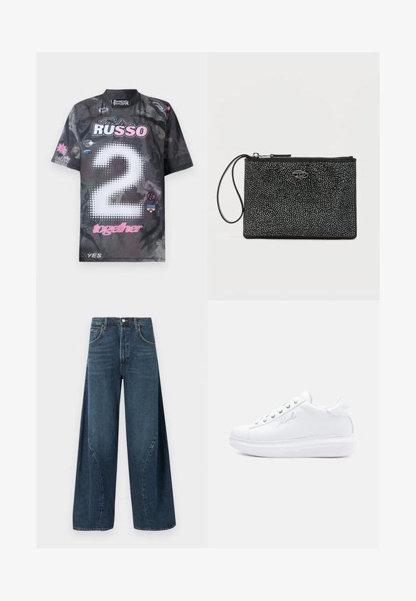 Korte mouwen trui in zwart met grafische patronen, voorzien van "2" in witte stippen, roze accenten en meerdere logo's in verschillende kleuren.; Donkere blauw wijde pijpen denim jeans met voorzakken, riemlussen en een knoopsluiting bij de taille, getoond op een effen achtergrond.; Witte leren sneakers met een rubberen zool, ronde neus, platte veters en subtiele logo-details aan de zijkant en achterkant. Glad oppervlak.; Zwarte clutch met een gestructureerd oppervlak, versierd met kleine zilveren studs, uitgerust met een bovenste ritssluiting en een polsband aan de zijkant.