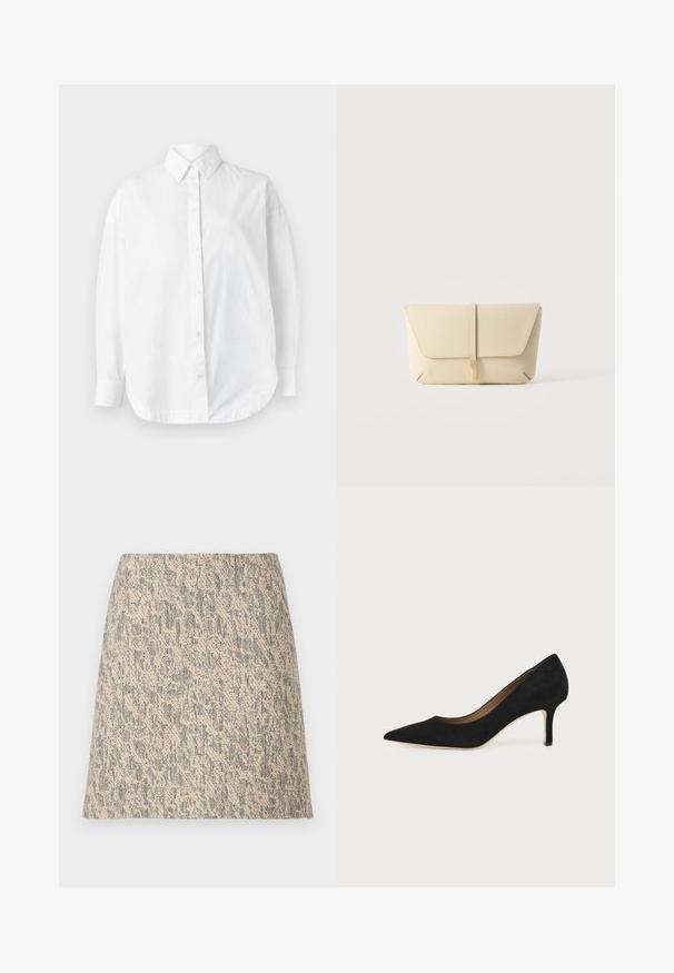 Chemise blanche à boutons avec un col classique, des manches longues et un ourlet arrondi, confectionnée dans un tissu lisse sans motifs visibles.; Mini-jupe en tissu tissé beige et gris avec une forme évasée en A et un motif irrégulier subtil.; Escarpin en daim noir à bout pointu avec un talon stiletto fin de hauteur moyenne et un design à coupe basse sur un fond uni.; Pochette en cuir beige avec rabat avant et fermeture par sangle verticale, sur un fond clair uni.