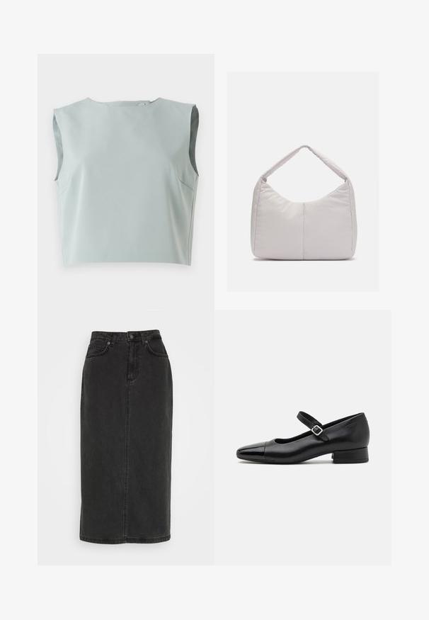 Sile, ilma varrukat crop top pehmest, helesinisest kangast. Omab ümmargust kaelust ja diskreetset õmbluste detaili, valmistatud kerge materjali kasutades.; Mustast denimist midi seelik sirge lõikega, millel on esineiuk ja vööoru ning õmbluse detailid ees ja taga.; Mustat nahast Mary Jane kingad, millel on patendist varvas, reguleeritav pahkluu rihm ja madal plokktald. Sile tekstuur ja stiilne disain.; Heled hall pehmendatud õlakott kaarjaga kujuga, millel on üks sang ja sile, tekstureeritud pind. Lihtne disain, ilma lisaseadmeteta.