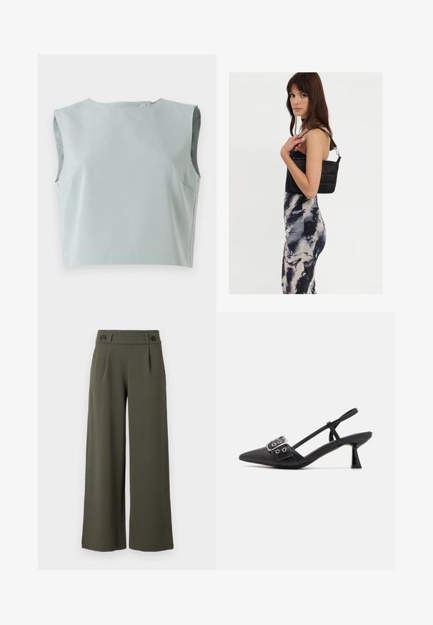 Elegante, ærmeløs crop top i blødt, lysblåt stof. Har en rund halsudskæring og diskrete sømdetaljer, lavet af letvægtsmateriale.; Bredbenede, olivengrønne bukser lavet af glat stof; har to sorte knapper på taljen og frontfolder for ekstra detaljer.; Simmi London DALA - Pumps - black; Sort quiltet skuldertaske med en enkelt rem og sølvhardware, parret med en tætsiddende kjole med tie-dye mønster i nuancer af sort og creme.