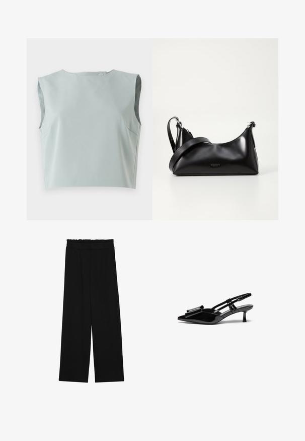 Strakke, mouwloze crop top van zachte, bleke blauwe stof. Kenmerkt zich door een ronde halslijn en subtiele stiksels, gemaakt van lichtgewicht materiaal.; Zwarte wijde broek met een gerimpelde tailleband, voorzien van twee zijzakken en een soepele, lichte stof. Geen zichtbare patronen of hardware.; Zwarte gepatineerde lederen slingback hakken met een puntige neus, een strikdetail aan de voorkant en een kleine stilettohak. De bandjes hebben verstelbare gespen.; Zwarte leren handtas met een gladde textuur. Beschikt over een verstelbare schouderband en een strak, minimalistisch ontwerp met een ritssluiting.