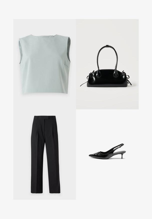 Elegante, ærmeløs crop top i blødt, lysblåt stof. Har en rund halsudskæring og diskrete sømdetaljer, lavet af letvægtsmateriale.; Sorte brede bukser med en glat stofstruktur, der har høj talje, forkastede læg og ingen synlig hardware eller mønstre.; Sorte læder slingback-pumps med spids tå, lav kitten-hæl og rynket detalje på overdelen. Glat tekstur og minimalistisk design.; Lille sort blank håndtaske med to lange håndtag og snøre-detaljer i siden på en ensfarvet lys baggrund.