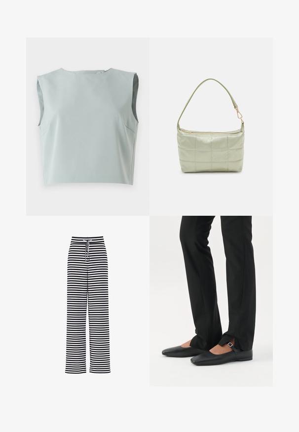 Sile, ilma varrukat crop top pehmest, helesinisest kangast. Omab ümmargust kaelust ja diskreetset õmbluste detaili, valmistatud kerge materjali kasutades.; Mustvalged horisontaalselt triibulised laiade säärtega püksid elastse nöörvöökohaga.; Jalad, mis kannavad mustaid kitsaid pükse esiosal lõhikutega allääres, kombineeritud mustade lameda tallaga Mary Jane kingadega, millel on väike pandlakinnitusega rihm.; Pehmea tekstuuriga vooderdatud roheline õlavöökott, ristkülikukujuline, ühe rihmaga ja kuldse tõmblukuga. Omab tikandmustrit.