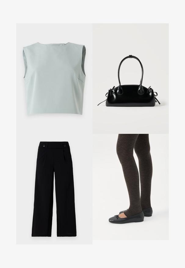 Top corto sin mangas de diseño elegante en suave tela azul claro. Presenta un escote redondo y detalles de costura sutil, confeccionado en material liviano.; Pantalones de pierna ancha negros con frente plano, bolsillos laterales y dos botones en la cintura. Tejido suave con un sutil brillo.; Piernas con leggings oscuros acanalados combinados con bailarinas negras que presentan pequeños detalles de lazo sobre un fondo blanco.; Pequeño bolso negro brillante con dos asas largas y detalles de cordón lateral sobre un fondo claro liso.