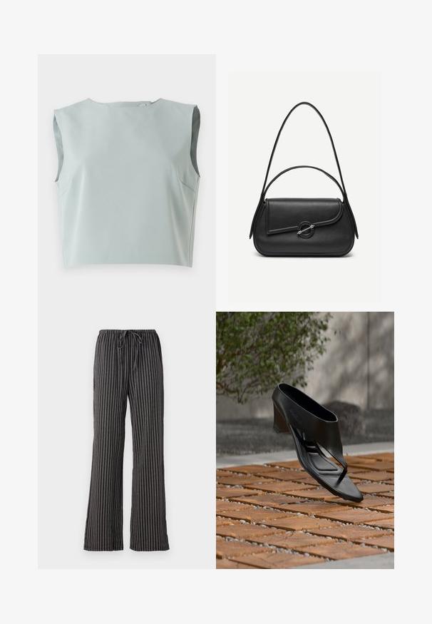 Top corto sin mangas de diseño elegante en suave tela azul claro. Presenta un escote redondo y detalles de costura sutil, confeccionado en material liviano.; Pantalones de pijama a rayas en blanco y negro, con cintura ajustable, piernas anchas y un tejido suave y texturizado con líneas verticales.; Sandalia negra de tacón alto con tira entre los dedos, flotando sobre una superficie exterior de madera y grava con patrón, con vegetación desenfocada y pared al fondo.; Bolso de cuero negro con bordes redondeados, solapa asimétrica, cierre circular de metal y correas de hombro cortas y largas.