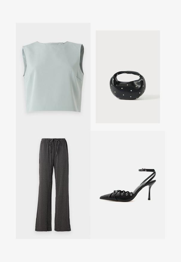 Λείο, αμάνικο crop top σε απαλό, ανοιχτό μπλε ύφασμα. Διαθέτει στρογγυλή λαιμόκοψη και διακριτές ραφές, κατασκευασμένο από ελαφρύ υλικό.; Ριγέ πιτζάμες σε μαύρο και άσπρο, με ελαστική μέση, φαρδιές παντελόνες και μαλακό, υφασμάτινο υλικό με κατακόρυφες γραμμές.; Μαύρο γυναικείο παπούτσι με ψηλό τακούνι και μυτερή μύτη, με κυματιστά άκρα, μεταλλικά πόρπες, κορδόνια μπροστά και λουράκι στον αστράγαλο με κούμπωμα.; Μαύρη δερμάτινη τσάντα χειρός με στρογγυλεμένο σχήμα, διακοσμημένη με ασημένιες λεπτομέρειες με καρφιά και κοντή λαβή. Λείο υλικό και κλείσιμο με φερμουάρ.