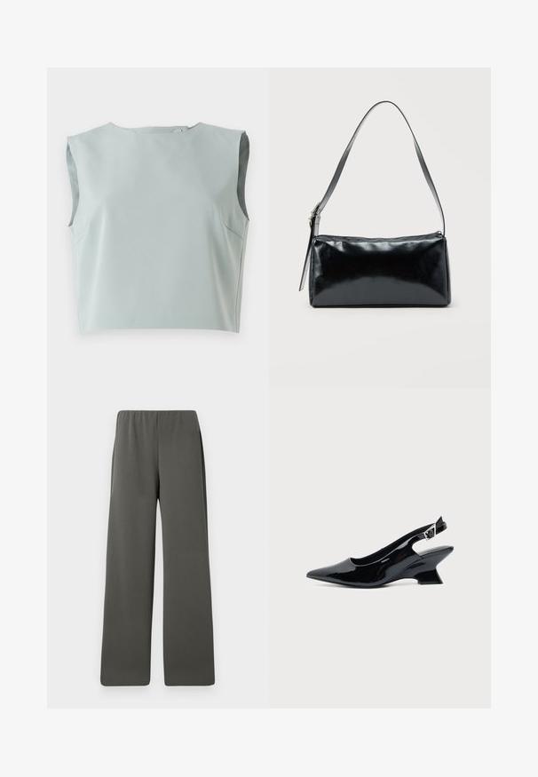 Top corto sin mangas de diseño elegante en suave tela azul claro. Presenta un escote redondo y detalles de costura sutil, confeccionado en material liviano.; Pantalones de pierna ancha de tiro alto en gris oscuro con cinturilla elástica, dispuestos sobre un fondo blanco.; Zapato slingback de cuero charol negro con puntera puntiaguda y tacón bajo en bloque inclinado sobre fondo claro liso.; Bolso de hombro rectangular negro con una correa ajustable y un cierre de cremallera superior sobre un fondo liso.