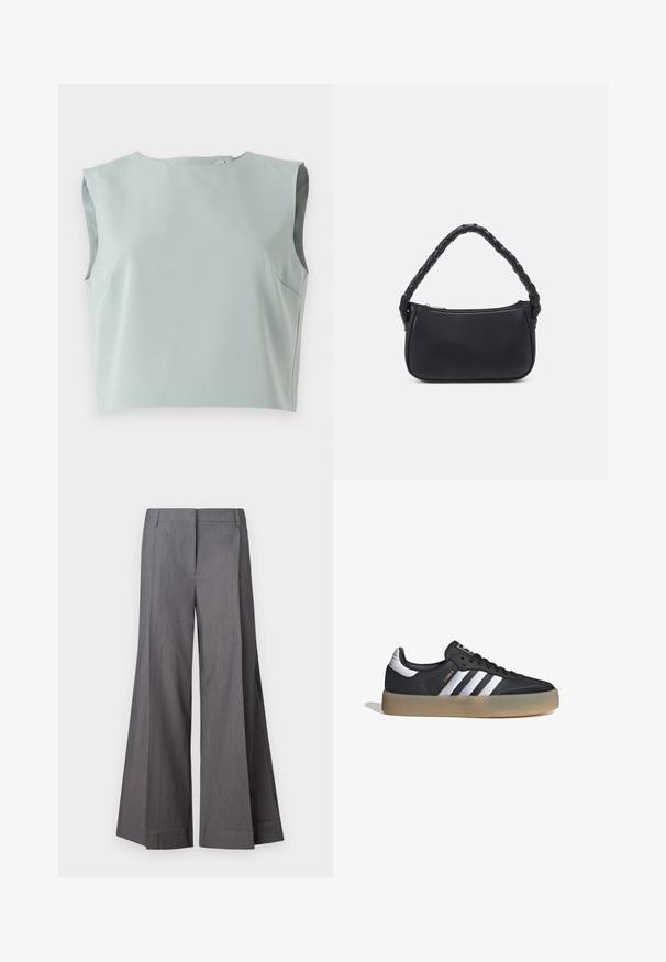 Top corto sin mangas de diseño elegante en suave tela azul claro. Presenta un escote redondo y detalles de costura sutil, confeccionado en material liviano.; Pantalones de pierna ancha grises, confeccionados con un tejido texturizado, que presentan una cintura alta y pliegues en la parte delantera. Los acabados del dobladillo son limpios, sin acentos adicionales.; Zapatilla deportiva de cuero negro con tres rayas plateadas, punta texturizada y suela de goma. Cuenta con un collar acolchado y un diseño con cordones.; Bolso negro de forma redondeada, hecho de material liso. Presenta un asa trenzada y un cierre de cremallera para un almacenamiento seguro.