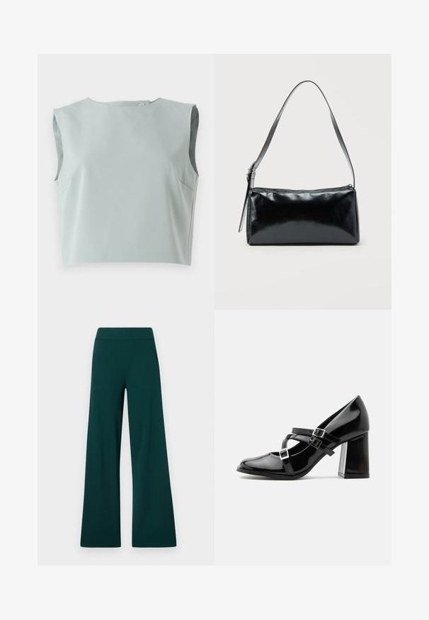Strakke, mouwloze crop top van zachte, bleke blauwe stof. Kenmerkt zich door een ronde halslijn en subtiele stiksels, gemaakt van lichtgewicht materiaal.; Brede broek in donkergroen stof, met een gladde textuur, een elastische tailleband en twee zijzakken. Geen zichtbare patronen of beslag.; Glanzende zwarte Mary Jane hoge hak schoen met drie gespsluitingbandjes en een stevige blokhak, zijaanzicht tegen een witte achtergrond.; Zwarte rechthoekige schoudertas met een enkele verstelbare band en een bovenste ritssluiting op een effen achtergrond.