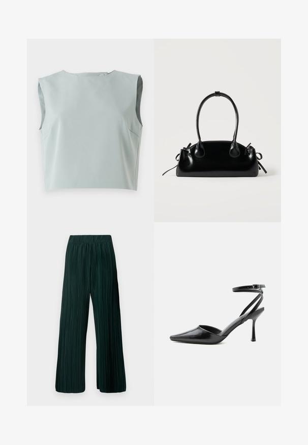 Top corto sin mangas de diseño elegante en suave tela azul claro. Presenta un escote redondo y detalles de costura sutil, confeccionado en material liviano.; Pantalones de pierna ancha con pliegues en verde oscuro. Fabricados con un tejido suave y un diseño texturizado, con una cinturilla elástica para mayor comodidad.; Zapato de tacón alto negro de punta fina con delgadas correas en el tobillo y cierre de hebilla plateada sobre un fondo liso claro.; Pequeño bolso negro brillante con dos asas largas y detalles de cordón lateral sobre un fondo claro liso.