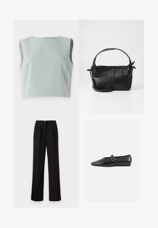 Elegante, ærmeløs crop top i blødt, lysblåt stof. Har en rund halsudskæring og diskrete sømdetaljer, lavet af letvægtsmateriale.; Sorte bukser med lige ben, der har frontfolder, knaplukning og et glat, struktureret stof.; Sorte læder flade sko med spidse tæer, prydet med en metallisk spænde over vristen og en lav, fleksibel sål.; Sort læderhåndtaske med et struktureret design, rund tophåndtag og aftagelig skulderrem. Den har en glat tekstur og en subtil glans.