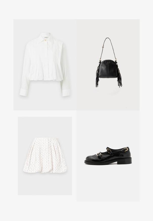 Blouse blanche à manches longues avec taille plissée, col classique, fermeture par un seul bouton supérieur et boutons avant dissimulés.; Jupe plissée blanche avec un motif délicat de sequins dorés et beiges disposés en lignes verticales et petits groupes.; Chaussures en cuir noir avec détails de brogue, dotées de deux sangles à boucle, d'un bout arrondi et d'un talon bas. Texture lisse avec finition brillante.; Sac à main en cuir noir avec une forme courbée, une longue bandoulière réglable et des franges de chaque côté sur un fond clair.