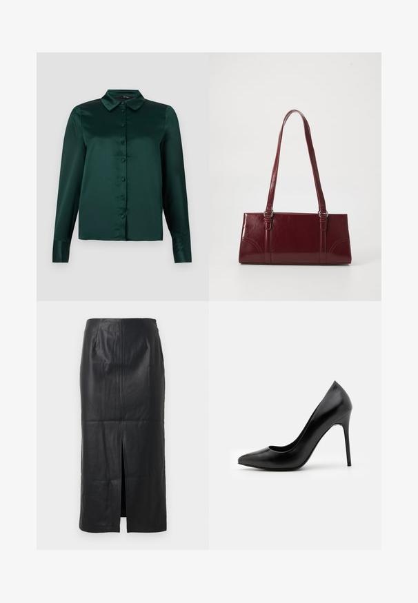 Blusa de satén verde oscuro con mangas largas, cuello puntiagudo y botones frontales. Textura suave y diseño ajustado.; Falda midi de cuero negro con una abertura frontal, textura suave, diseño ajustado y un sutil detalle de costura en la parte delantera.; Zapato de tacón alto de cuero negro con punta afilada y textura suave. Presenta un tacón stiletto delgado y un diseño de escote bajo.; Bolso burdeos hecho de material brillante, de forma rectangular, con dos asas para el hombro y sutiles acentos curvados en la parte frontal.