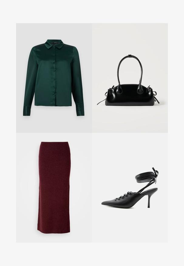 Blouse en satin vert foncé avec des manches longues, un col pointu et des boutons à l'avant. Texture lisse et design ajusté.; Jupe maxi en laine bordeaux avec une silhouette ajustée, une texture lisse et un ourlet droit. Sans fermetures ou embellissements visibles.; Chaussure à talon haut noire à bout pointu avec laçage à l'avant et brides enroulées autour de la cheville nouées en nœud, vue de côté sur fond blanc.; Petit sac à main noir brillant avec deux longues anses et des détails à cordon sur les côtés sur un fond clair uni.