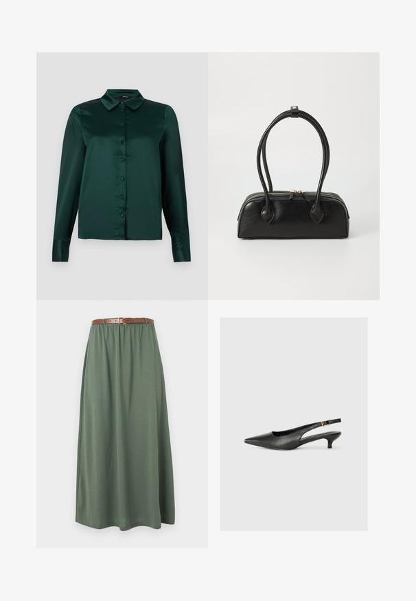 Mørkegrøn satinbluse med lange ærmer, spidse kraver og knapper foran. Glat tekstur og tætsiddende design.; Grøn bomuldskjol med elastisk talje, udstyret med et brunt læderbælte. Designet er fuldlængde med en glat tekstur og flydende form.; Sorte spidse slingback-sko lavet af glat læder. Har en tynd hæl og en spænde detalje på den justerbare rem.; Sort læder håndtaske med to langstrakte håndtag, lynlåslukning og afrundet form; glat tekstur med en subtil blank finish.