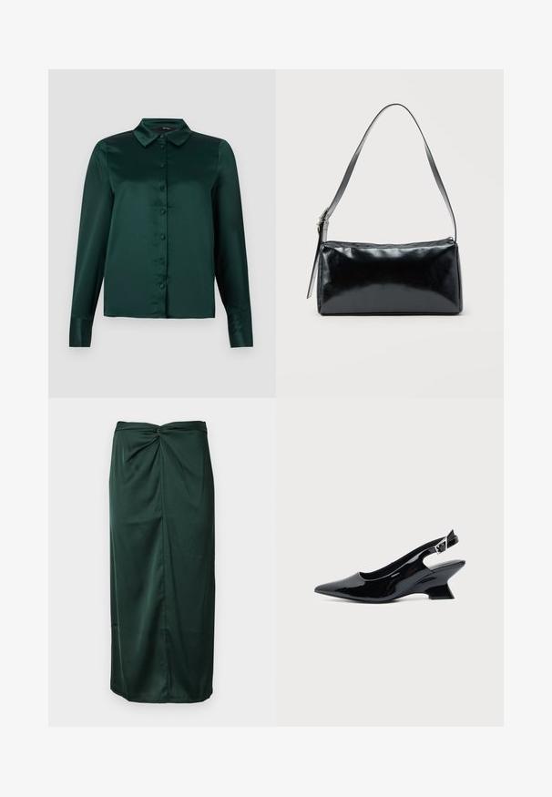 Blouse en satin vert foncé avec des manches longues, un col pointu et des boutons à l'avant. Texture lisse et design ajusté.; Jupe en satin vert foncé avec un design enroulé torsadé à la taille et une silhouette droite élégante avec une texture lisse.; Chaussure slingback en cuir verni noir avec bout pointu et petit talon bloc incliné sur fond clair uni.; Sac d'épaule rectangulaire noir avec une sangle réglable unique et une fermeture éclair supérieure sur un fond uni.