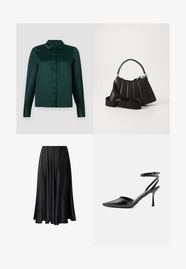 Blusa de satén verde oscuro con mangas largas, cuello puntiagudo y botones frontales. Textura suave y diseño ajustado.; Falda maxi negra de tejido suave, con una cinturilla elástica, silueta amplia y un dobladillo fluido sin patrones o detalles visibles.; Zapato de tacón alto negro de punta fina con delgadas correas en el tobillo y cierre de hebilla plateada sobre un fondo liso claro.; Bolso de mano negro con pliegues, manejo redondeado, correa ajustable y textura brillante. Presenta herrajes plateados y una silueta estructurada.
